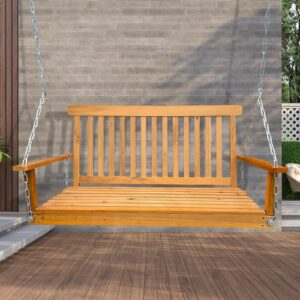 Front Yard Swing Bench Classic Teak Wooden Hanging Chains Easy Assembly Durable Solid Wood Porch Swing 47.2x28.15x23.62in