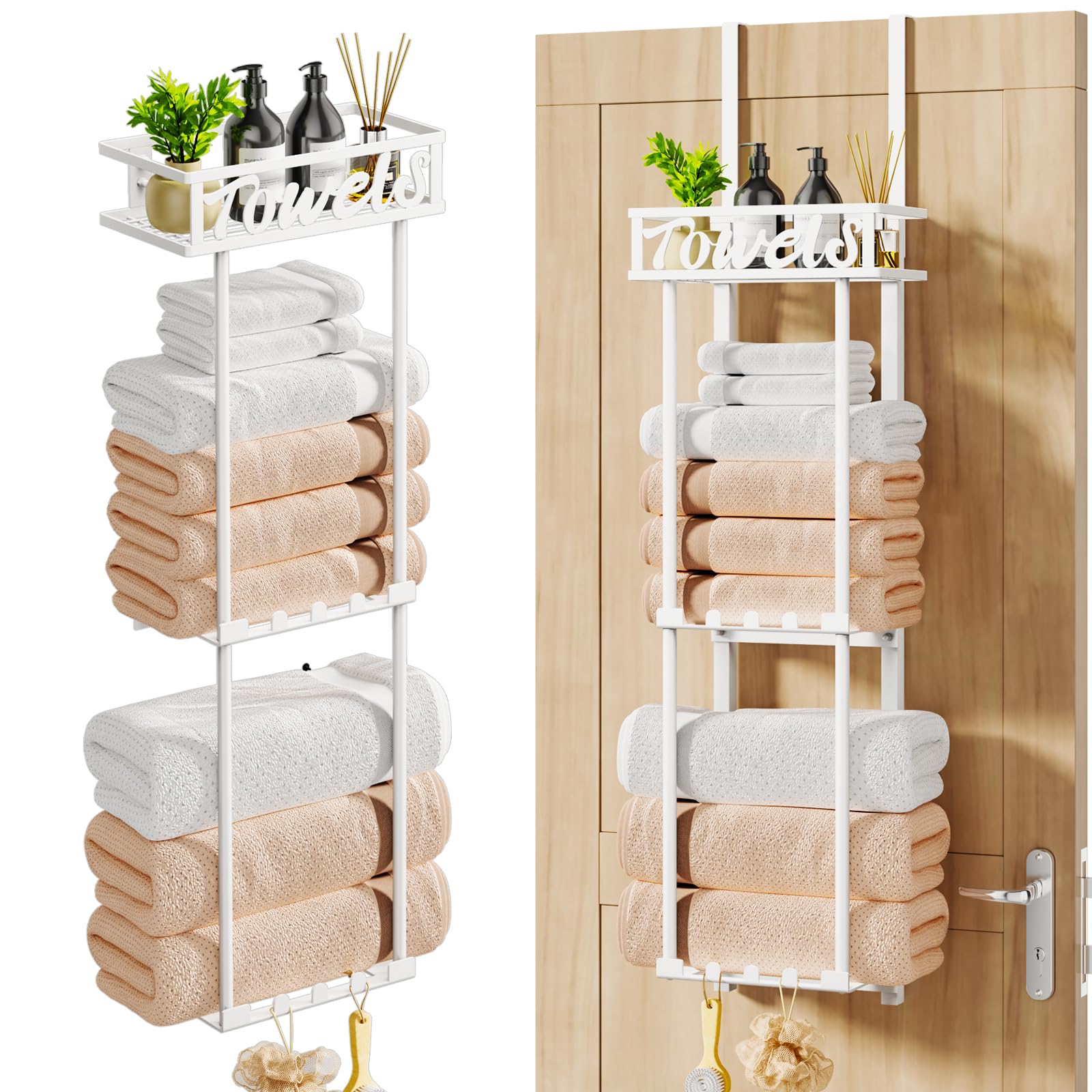 HapiRm Towel Rack Bathroom Storage - 3 Tier Over The Door Towel Rack with Metal Shelf Basket and 6 Hooks, Wall Mount Towel Holder, Rolled Towel Organizer for Small Bathroom (White)