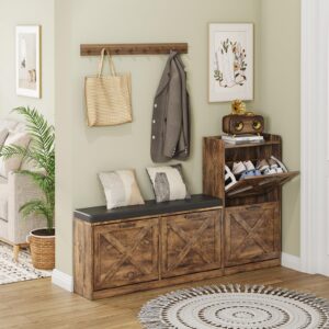 Vabches Shoe Storage Bench with 4 Flip Drawers & Padded Seat Cushion, Farmhouse Shoe Storage for Entryway, Narrow Hallway Shoe Bench, Rustic Brown