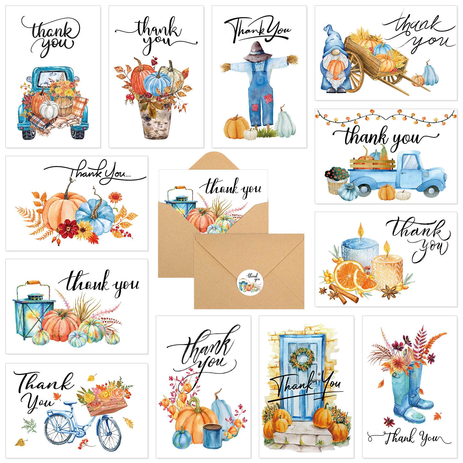 Piklodo 48 Set Fall Thanksgiving Cards with Envelopes and Stickers Watercolor Blue Thank You Cards Pumpkin Note Cards Autumn Greeting Cards Blank Cards for Birthday Wedding Bridal Shower Baby Shower