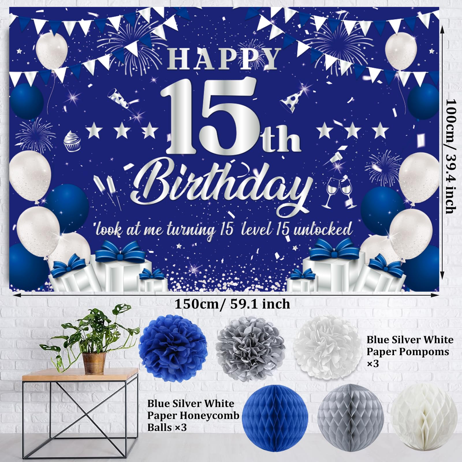 15th Birthday Decorations for Boys Girls, Blue Silver Happy 15th Birthday Party Decorations, Happy 15th Birthday Backdrop, Banner, Balloons, Hanging Swirls, Birthday Cards, Cake Toppers, Pompoms 54pcs