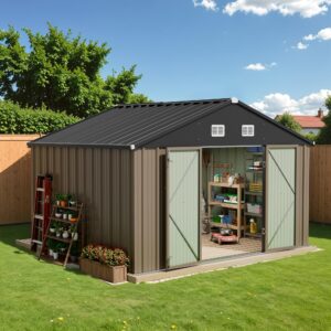 treevan outdoor storage sheds 10x10 ft, outdoor metal shed with vents and lockable door for patio storage, brown