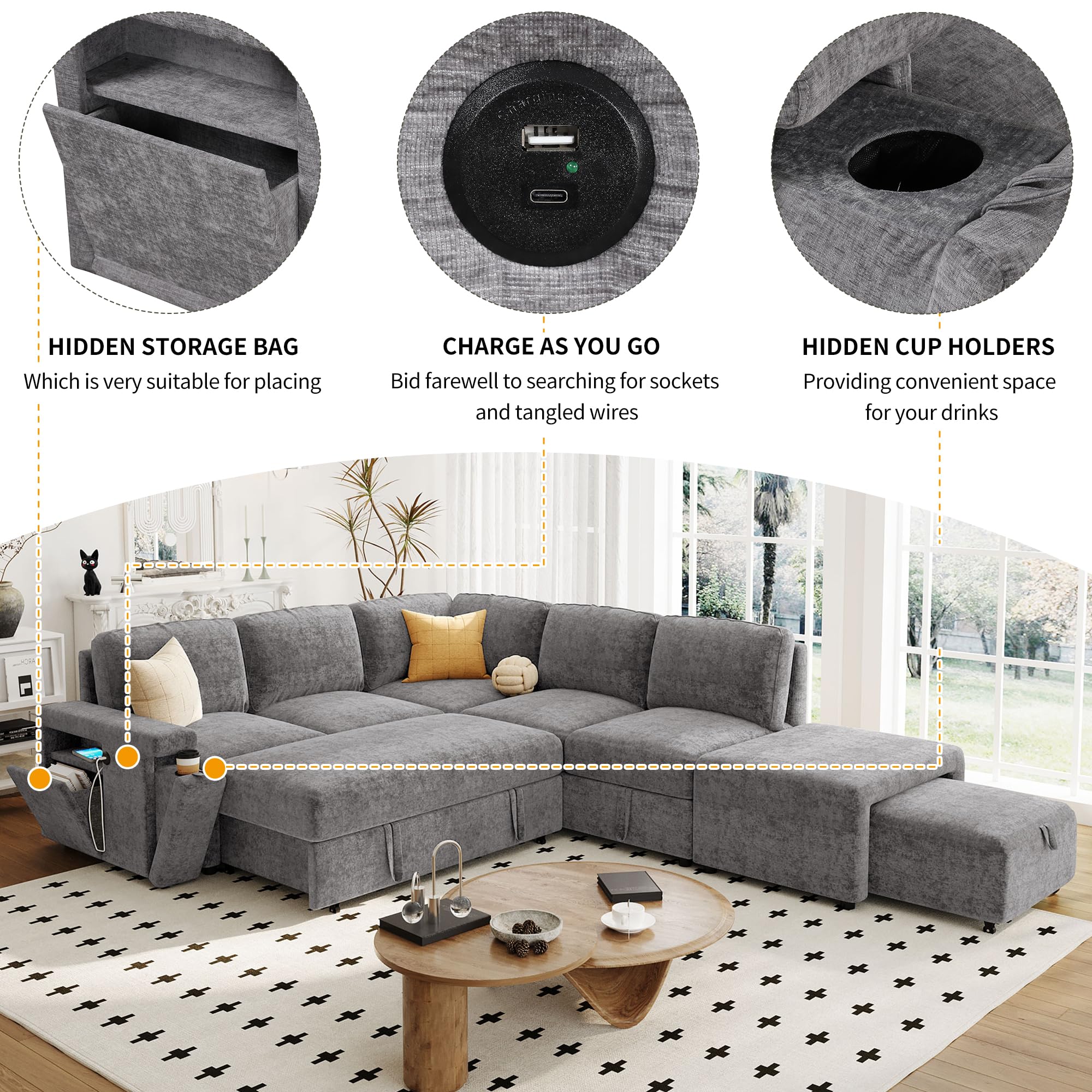 Merax L-Shaped Modular Sofa with Removable Storage Ottoman, USB Ports and Cup Holder, Upholstered Sectional Couch & Armrest, Free Combination Indoor Furniture for Living Room, Apartments, Gray