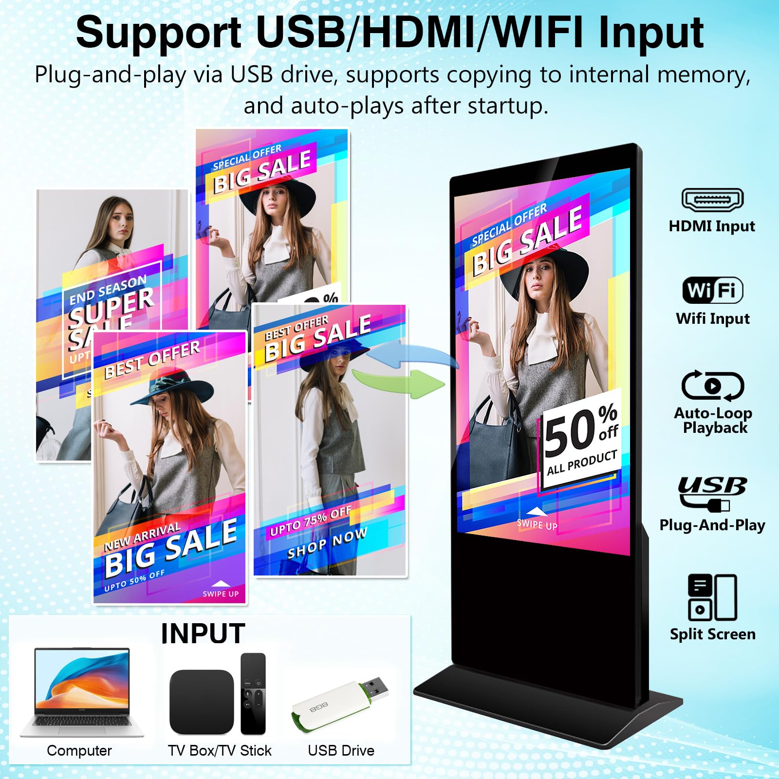 43" Floor Standing Digital Signage Advertising Display Touch Screen, Indoor Digital Signage Kiosk Full HD LCD Screen Commercial Totem with Android 11 Interactive Advertising Information System Player