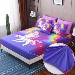 JQinHome Unicorn Twin Bedding Sets for Girls Kids,6 Piece Bed in A Bag 3D Purple Rainbow Theme Unicorn Comforter Set with Sheet Set(Rainbow)