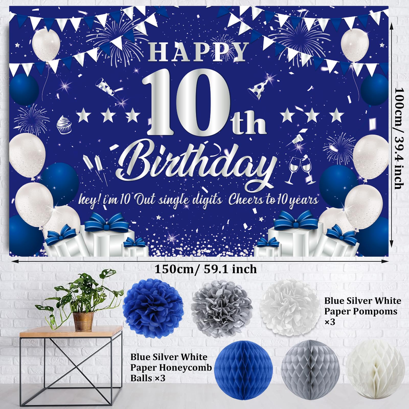 10th Birthday Decorations for Boys Girls, Blue Silver Happy 10th Double Digits Party Decorations, Happy 10th Birthday Backdrop, Banner, Balloon, Hanging Swirl, Birthday Card, Cake Topper, Pompom 57pcs