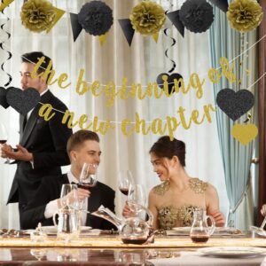 The Beginning of a New Chapter Banner Funny Going Away Party Graduation Happy Retirement Party Decorations Supplies Glitter Black Gold Goodbye Farewell Party Decoration for Coworker Friends Graduates