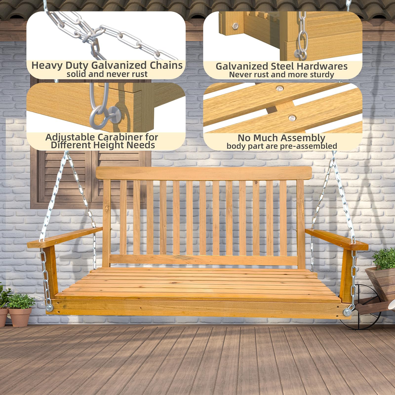 Front Yard Swing Bench Classic Teak Wooden Hanging Chains Easy Assembly Durable Solid Wood Porch Swing 47.2x28.15x23.62in