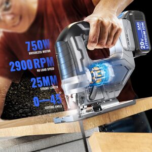 Cordless Jigsaw Tool Compatible with Dewalt 20V Battery, Variable Speed, LED Light, 0°-45° Bevel Cuts, 3-Position Orbital Action, Brushless Motor for Straight Curve Circle Cutting