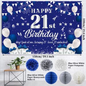 21st Birthday Decorations for Boys Girls, Blue Silver Happy 21st Birthday Party Decorations, Happy 21st Birthday Backdrop, Banner, Balloons, Hanging Swirls, Birthday Cards, Cake Toppers, Pompoms 54pcs