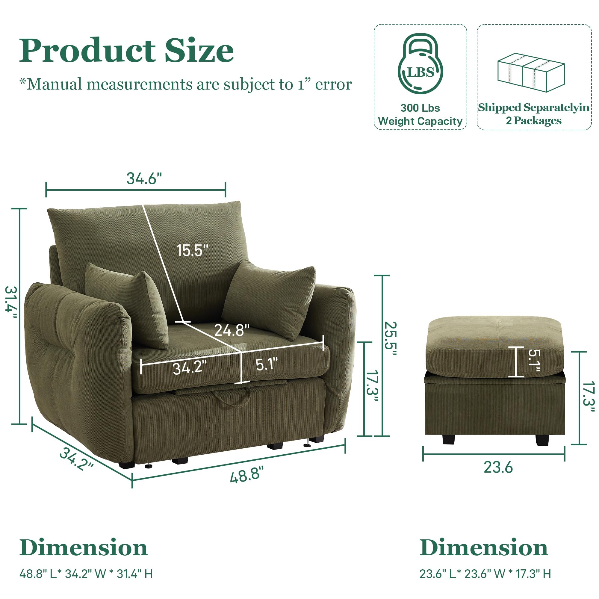 HOMYEDAMIC 34" Modular Sectional Sofa 1 Storage Seat, Oversized Modular Couch Convertible Large Wide Comfy Sofa for Living Room Apartment Office Studio(6018-GREEN-1S)