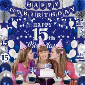 15th Birthday Decorations for Boys Girls, Blue Silver Happy 15th Birthday Party Decorations, Happy 15th Birthday Backdrop, Banner, Balloons, Hanging Swirls, Birthday Cards, Cake Toppers, Pompoms 54pcs