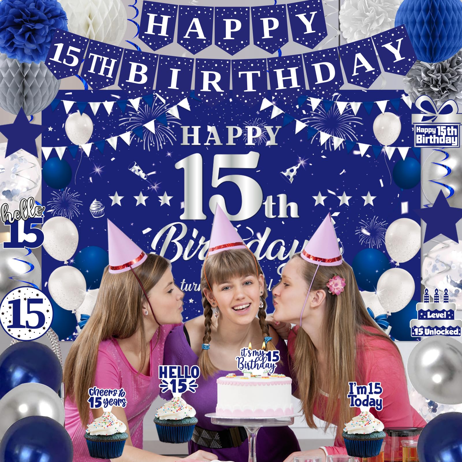 15th Birthday Decorations for Boys Girls, Blue Silver Happy 15th Birthday Party Decorations, Happy 15th Birthday Backdrop, Banner, Balloons, Hanging Swirls, Birthday Cards, Cake Toppers, Pompoms 54pcs