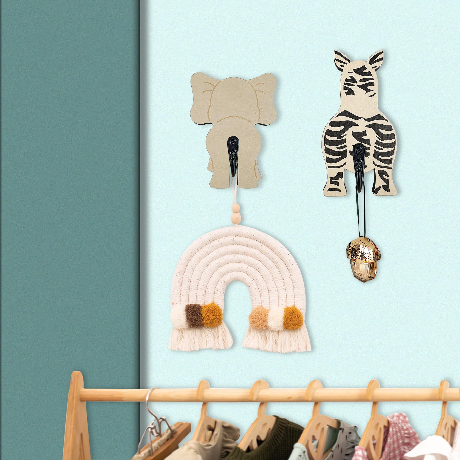 Midrean 4Pack Wooden Cute Unique Animal Nursery Kids Coat Rack Decorative Wall Mount Hooks Elephant Hook