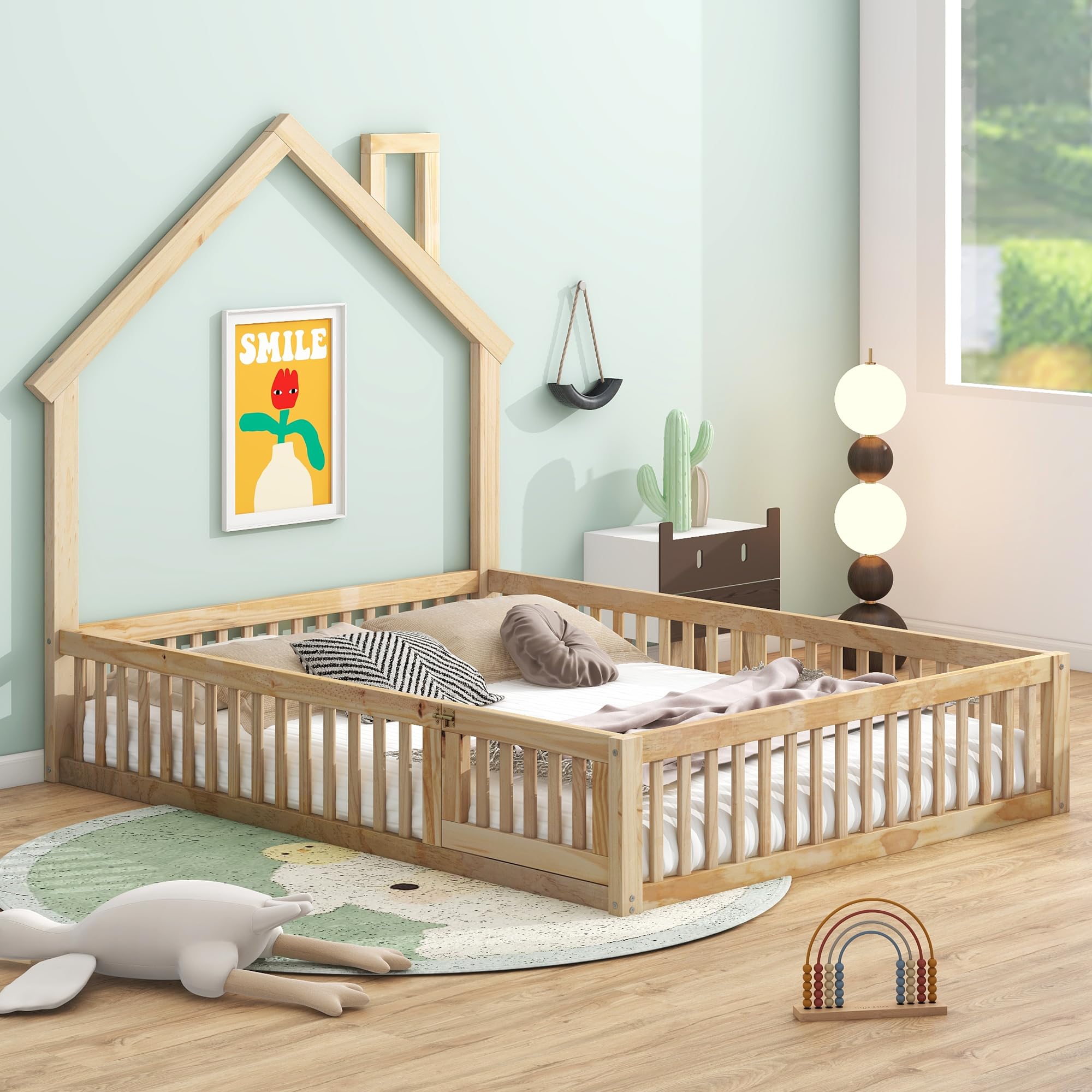 NUGYK Wood Full Size House Platform Bed with Guardrail, Solid Wood Floor Bed Frame with House-Shaped Headboard for Kids, Strong Sturdy Slats Support, Space-Saving Natural