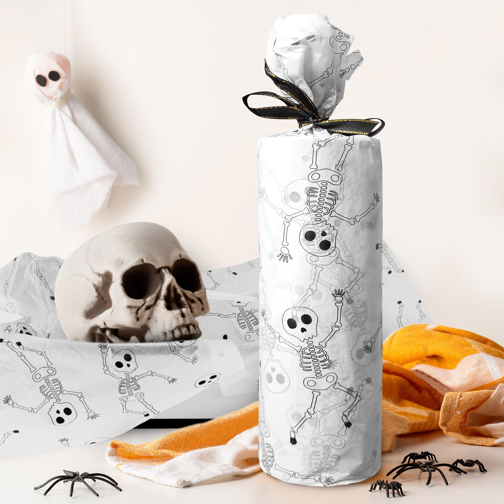 MR FIVE 60 Sheets Skeleton Tissue Paper Bulk,20" x 14",Skeleton Pattern Tissue Paper Halloween Tissue Paper for Gift Bags Skull Tissue Paper for Halloween Party (White with Black)