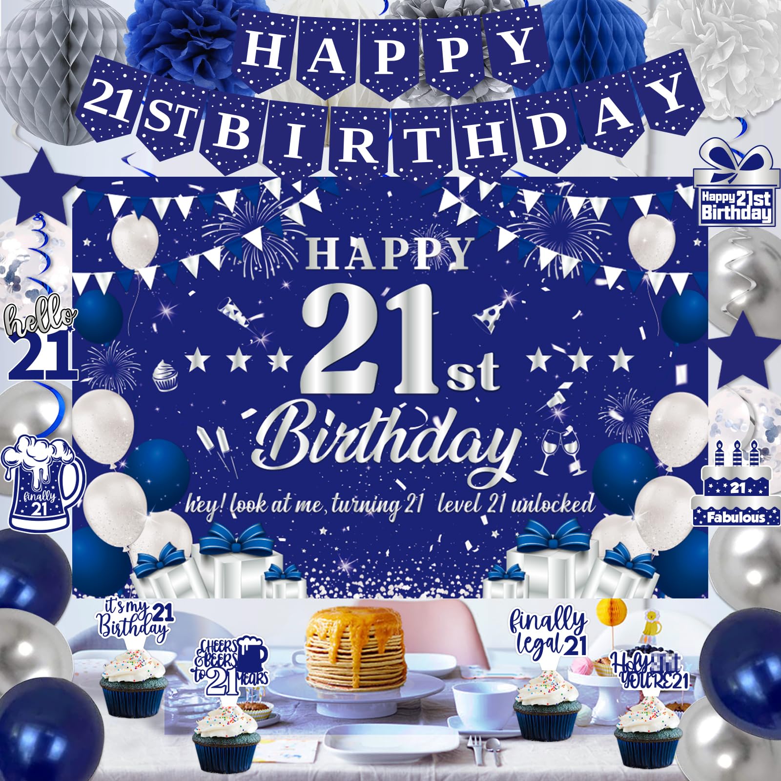 21st Birthday Decorations for Boys Girls, Blue Silver Happy 21st Birthday Party Decorations, Happy 21st Birthday Backdrop, Banner, Balloons, Hanging Swirls, Birthday Cards, Cake Toppers, Pompoms 54pcs