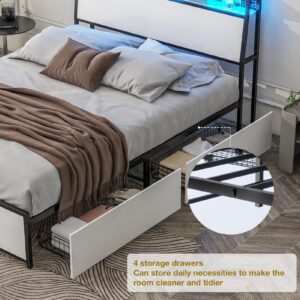 Queen Metal Headboard and Frame, Bed Frame and Headboard, Storage bed with LED Storage Headboard and 4 Storage Drawers, Charging Station, No Box Spring Needed, Noise Free, Easy Assembly-White