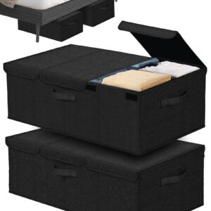 Hoyula Deep Under Bed Storage Container, 10" Tall Height Underbed Box Bin with Lids 31" Long Large Basket for Under Bed, Bedroom, Dorms, Clothes, Bed sheets, Blankets, 2 Pack, Black