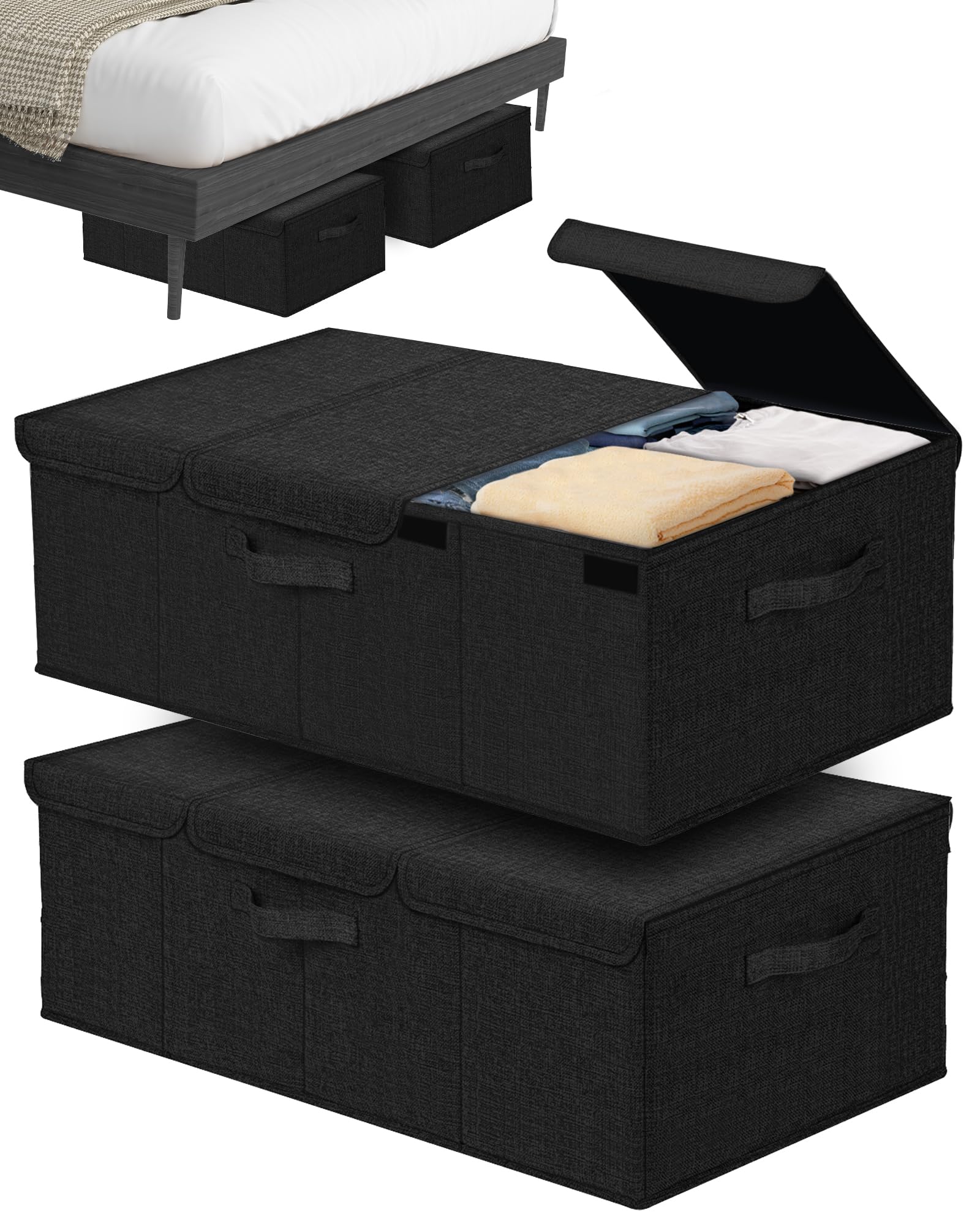 Hoyula Deep Under Bed Storage Container, 10" Tall Height Underbed Box Bin with Lids 31" Long Large Basket for Under Bed, Bedroom, Dorms, Clothes, Bed sheets, Blankets, 2 Pack, Black