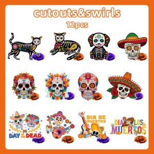 Day of the Dead Decorations for Altar NO-DIY Dia De Los Muertos Party Supplies Include 2pcs Dia De Los Muertos Banner and 12pcs Double Sided Day of the Dead Hanging Swirl for Mexican Halloween Party