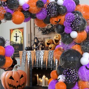 Halloween Balloons Garland Arch Kit,130PCS Halloween Party Balloons with Spider Web,Bats Stickers,Purple Orange and Black Balloons for Halloween Party Decorations Halloween Birthday Baby Shower