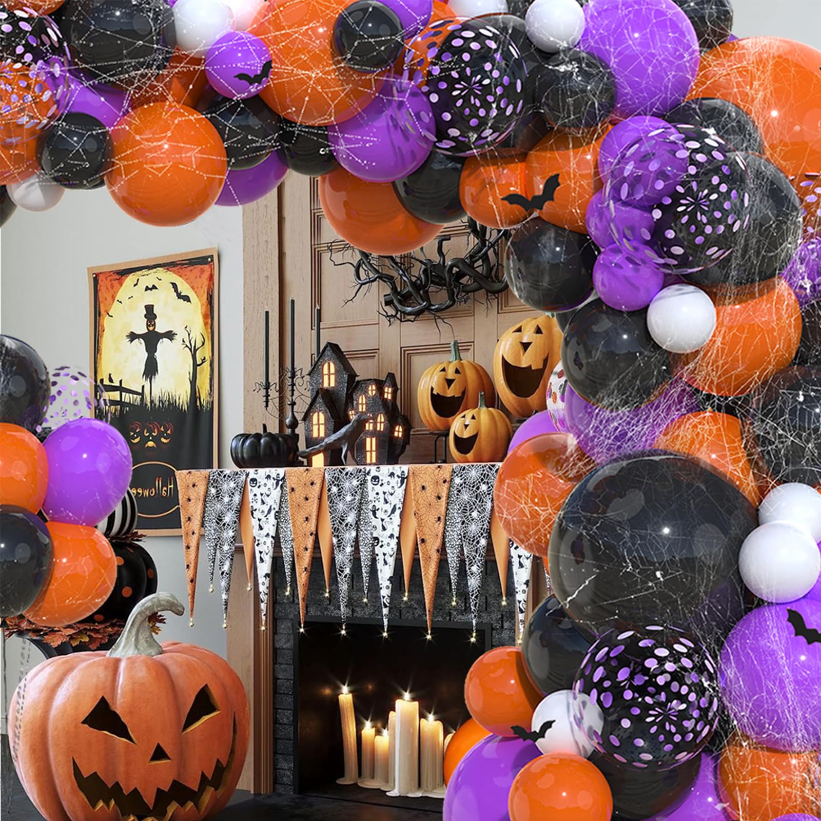 Halloween Balloons Garland Arch Kit,130PCS Halloween Party Balloons with Spider Web,Bats Stickers,Purple Orange and Black Balloons for Halloween Party Decorations Halloween Birthday Baby Shower