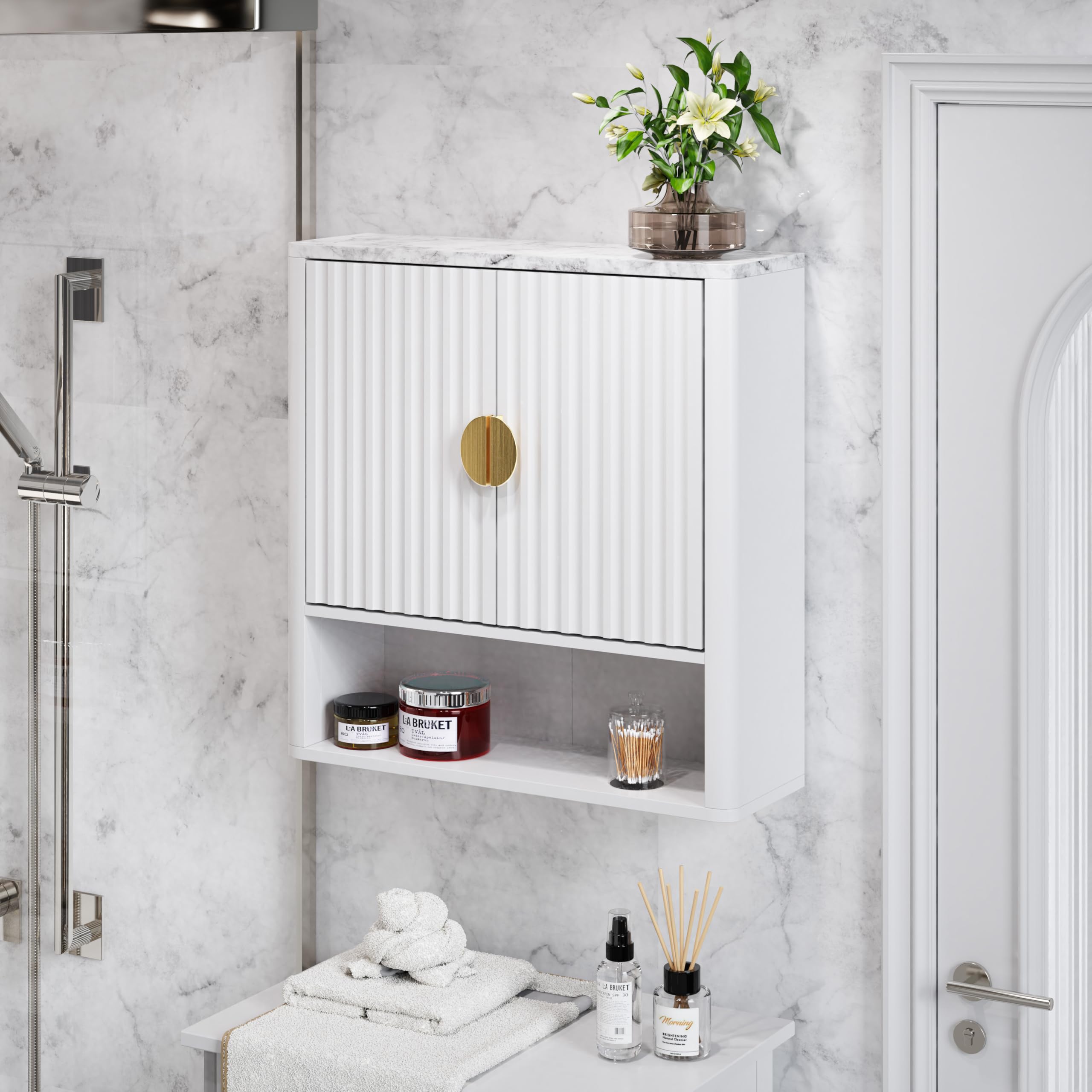 Furnaza Bathroom Wall Mounted Medcine Cabinet Over The Toilet with Doors and Adjustable Shelf in Entryway or Kitchen Storage, in White