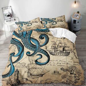 luvivihome 3pcs ocean octopus duvet cover queen bedding sets, nautical coastal sailboat lighthouse mermaid teal kraken tentacles marine sea animal vintage brown comforter quilt cover, 2 pillow cases