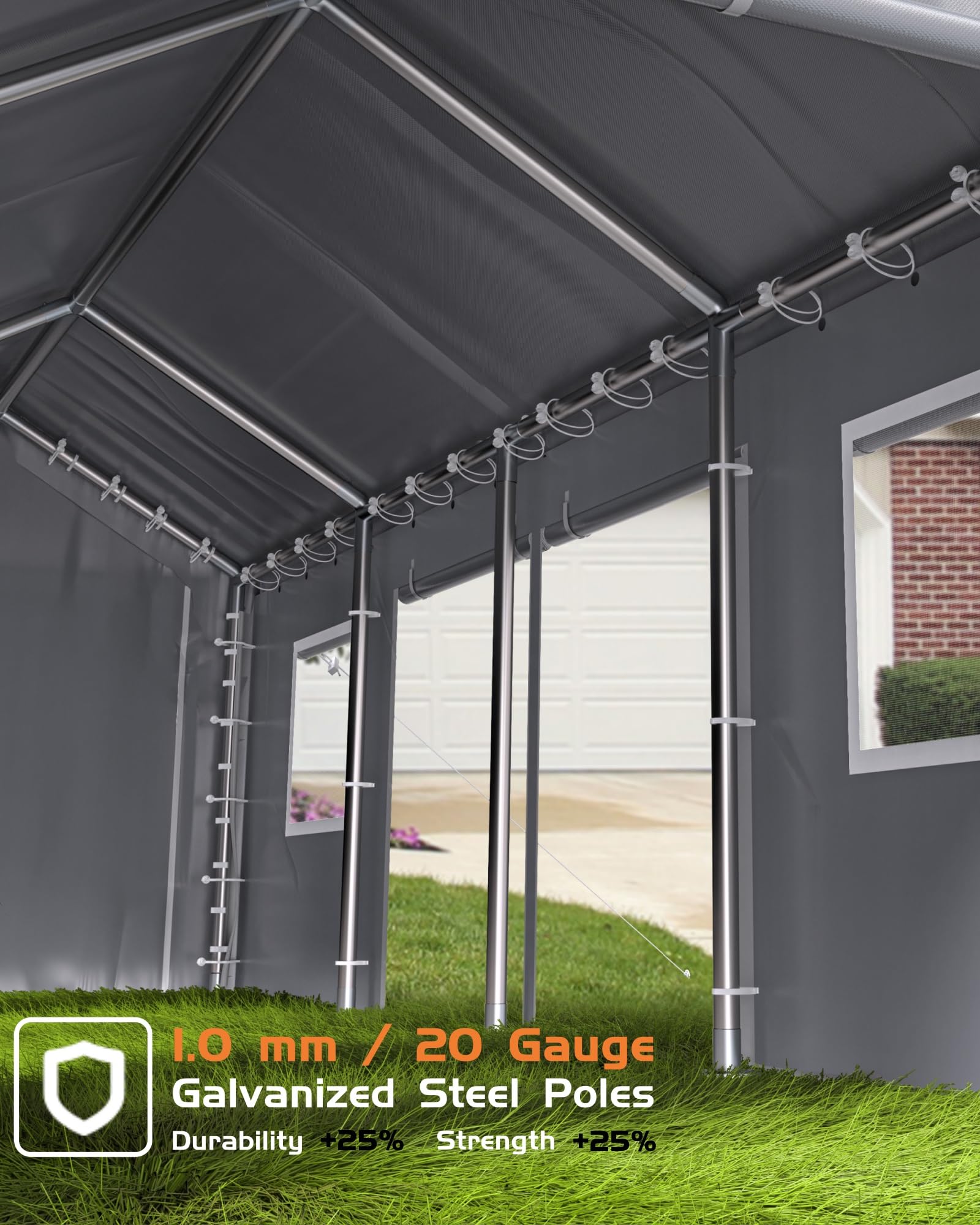 GarveeLife 13'x25'x11' Carport Oversized, Portable Garage with 180g PE Tarps, 19 Gauge Poles, 6 Roll-up Doors, and 4 Mesh Windows, Suitable for Full-Size Pickups Bass Boats, Tractors, and SUVs, Gray