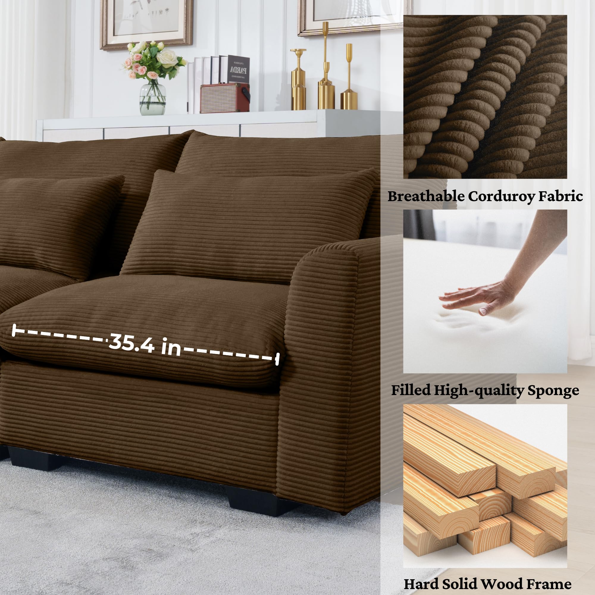 Corduroy U-Shaped Sofa Couch 157.5" Brown Comfy Modular Couch Oversized Couch with Storage Ottoman Cloud Couch 4 Seater Extra Deep Sofa Couch,Sectional Couches for Living Room