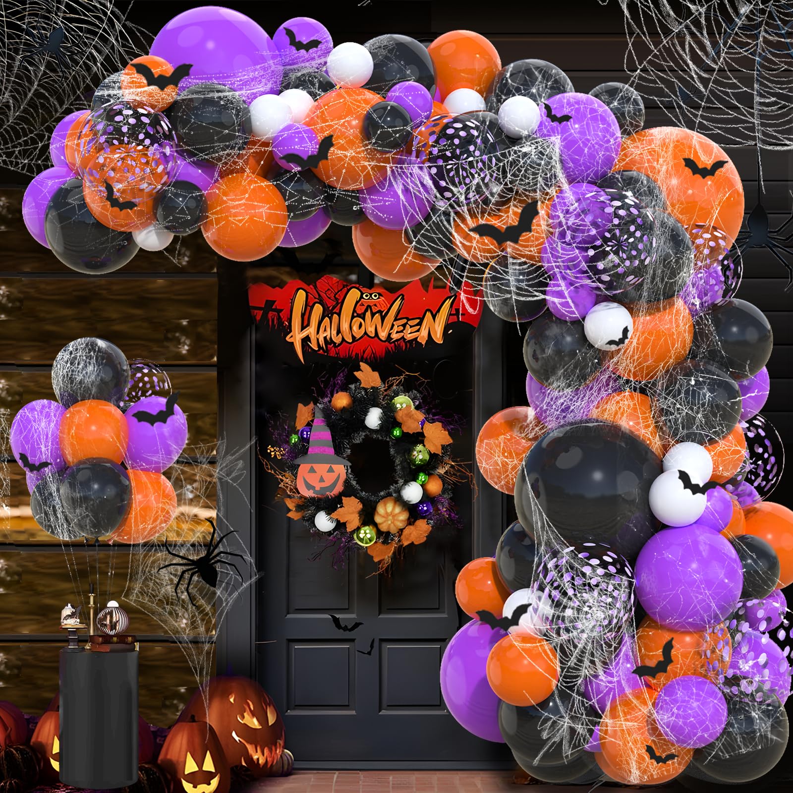 Halloween Balloons Garland Arch Kit,130PCS Halloween Party Balloons with Spider Web,Bats Stickers,Purple Orange and Black Balloons for Halloween Party Decorations Halloween Birthday Baby Shower