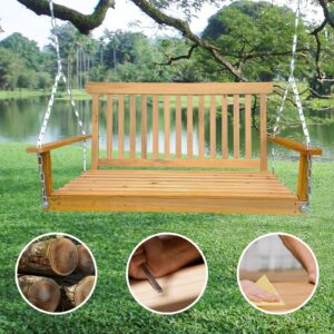 Front Yard Swing Bench Classic Teak Wooden Hanging Chains Easy Assembly Durable Solid Wood Porch Swing 47.2x28.15x23.62in