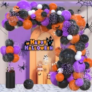 Halloween Balloons Garland Arch Kit,130PCS Halloween Party Balloons with Spider Web,Bats Stickers,Purple Orange and Black Balloons for Halloween Party Decorations Halloween Birthday Baby Shower