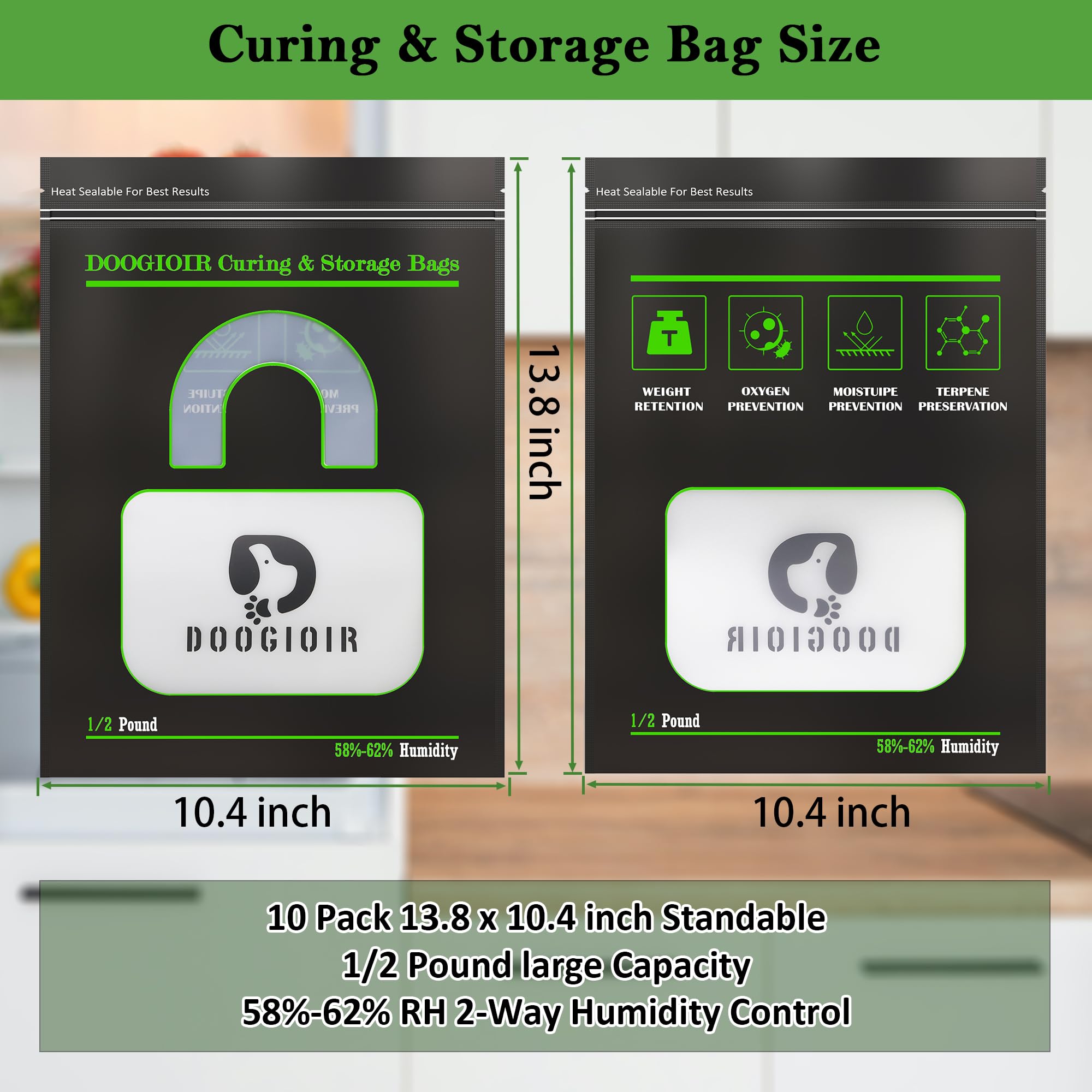 1/2 LB Curing & Storage Bags, Curing Bags for Food Storage, Double-Tracked Zip Closure Heat Sealable upright Cure Bags, Reusable Humidity Control Bags (13.8 x 10.4 in, 10 Pack)