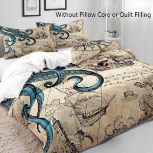 LUVIVIHOME 3PCS Ocean Octopus Duvet Cover Queen Bedding Sets, Nautical Coastal Sailboat Lighthouse Mermaid Teal Kraken Tentacles Marine Sea Animal Vintage Brown Comforter Quilt Cover, 2 Pillow Cases