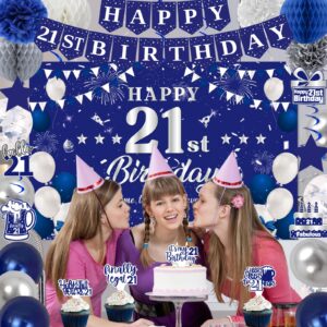 21st Birthday Decorations for Boys Girls, Blue Silver Happy 21st Birthday Party Decorations, Happy 21st Birthday Backdrop, Banner, Balloons, Hanging Swirls, Birthday Cards, Cake Toppers, Pompoms 54pcs