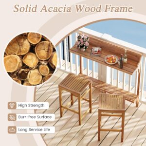 Tangkula 3 Pieces Acacia Wood Balcony Table Set, Outdoor Bar Height Table & 2 Bar Stools w/Shelf, Footrest, Curved Wood Seat, Back Rail for Assembly, for Balcony, Patio and Small Outside Space (1)