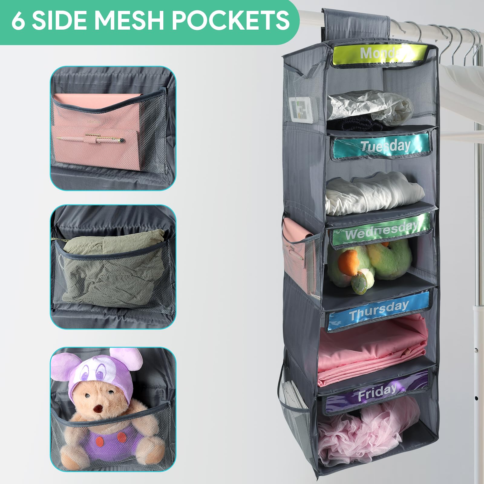 Yuuchoringee 5-Shelf Weekly Clothes Organizer for Kids Days of The Week Hanging Storage Shelves Dorm Room Essentials Daily Shelf Hanging Closet Organizer with 6 Side Pockets…