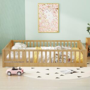 Bellemave Queen Size Floor Bed with Door,Kids Montessori Floor Bed with Slats and Fence,Solid Wood Queen Bed Frame for Girls Boys(Queen,Natural)