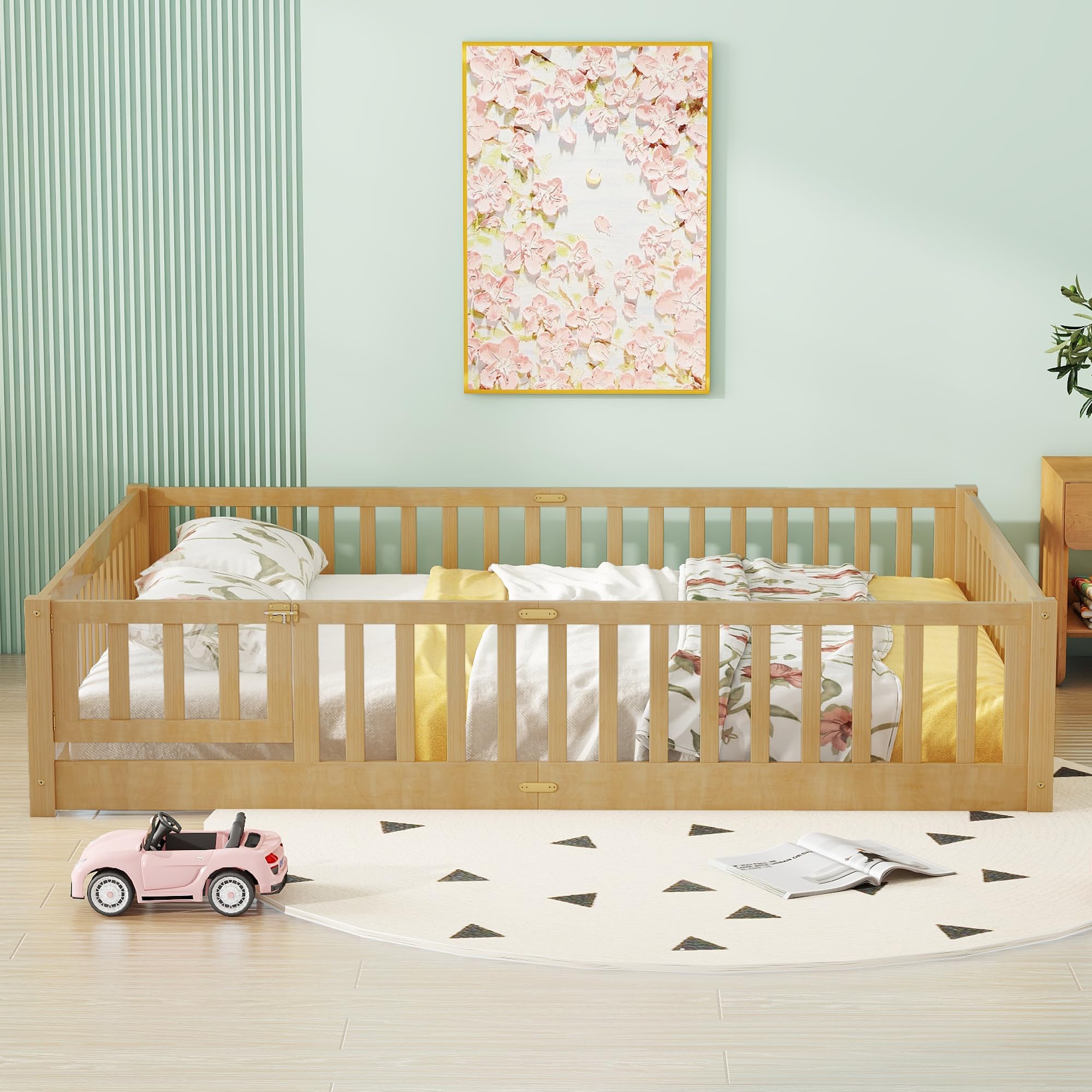 Bellemave Queen Size Floor Bed with Door,Kids Montessori Floor Bed with Slats and Fence,Solid Wood Queen Bed Frame for Girls Boys(Queen,Natural)