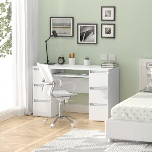 Furniwood Computer Desk with 6 Drawers,Home Office Desks with Storage,47 Inch Writing Wood Desk with Drawers PC Laptop Vanity Makeup Desk,Work Study Table Desk for Bedroom Office,White