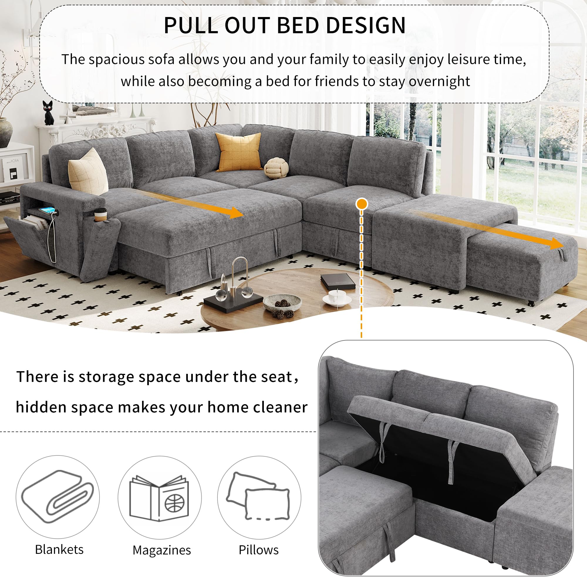 Merax L-Shaped Modular Sofa with Removable Storage Ottoman, USB Ports and Cup Holder, Upholstered Sectional Couch & Armrest, Free Combination Indoor Furniture for Living Room, Apartments, Gray