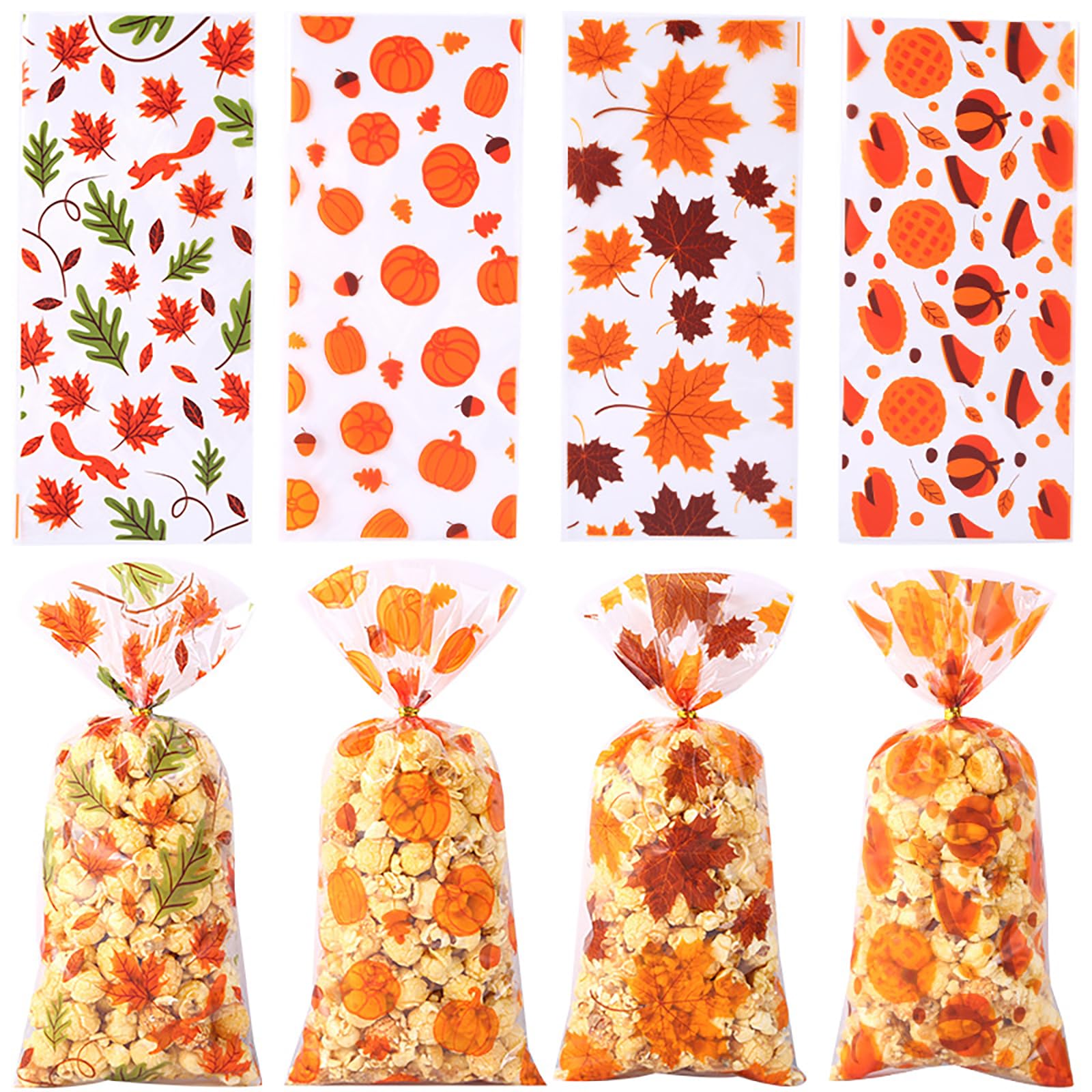 Totelux Fall Cellophane Goodie Bags Clear Plastic Gift Bags Pumpkin Maple Leaf Treat Bags with Ties for Cookies Candy Packaging Autumn Birthday Thanksgiving Party Favor Supplies 50PCS