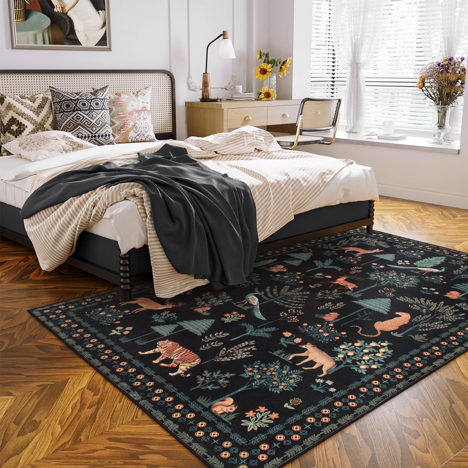 Lahome Jungle Animal Black Living Room Rug, 5x7 Washable Area Rug Soft Large Rugs for Bedroom Aesthetic, Modern Tree Classroom Playroom Rug Stain Resistant Carpet for Nursery Office Dorm, Black