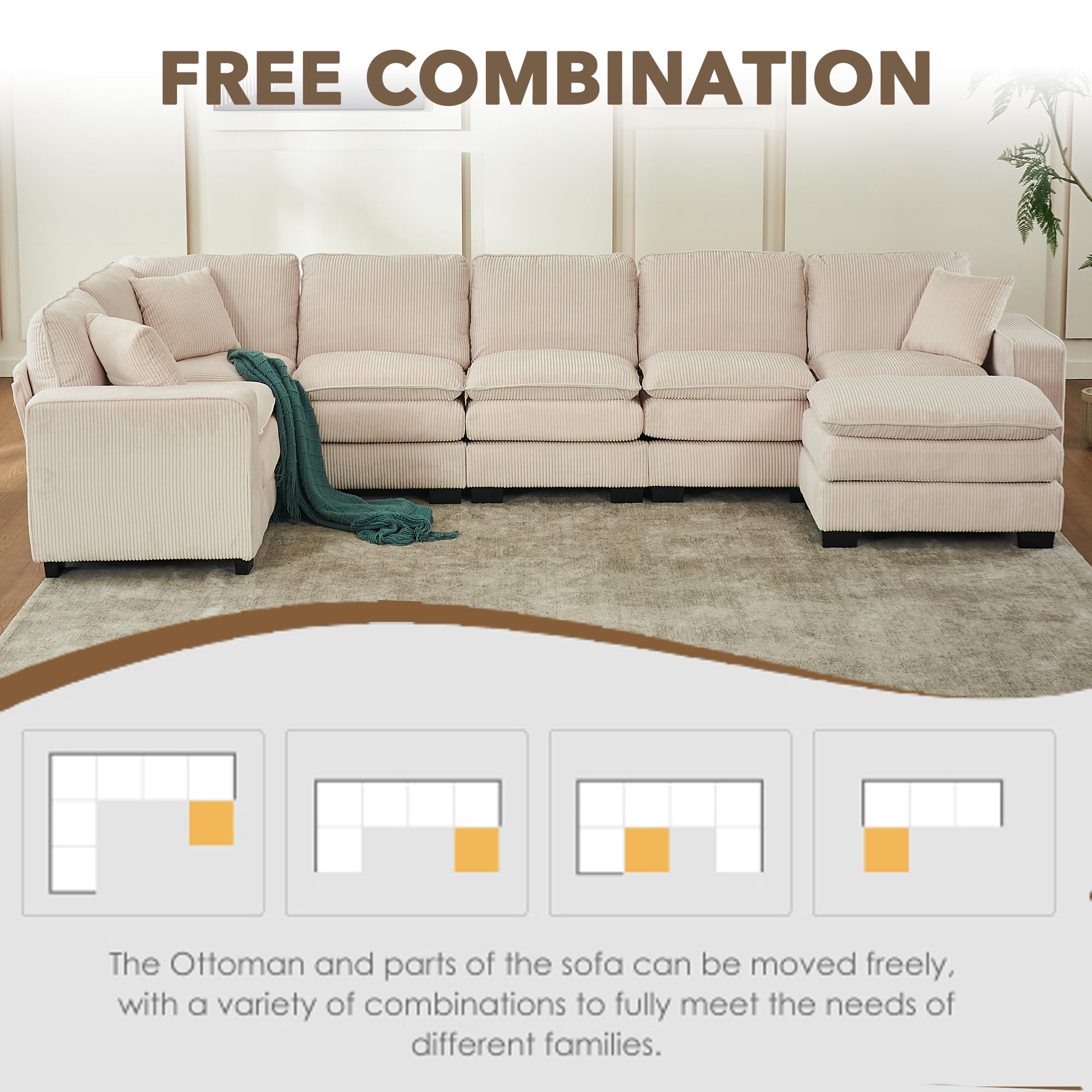 Luxyhoom Modular Sectional Sofa, 6 Seater L-Shaped Convertible Couch with Ottoman, Corduroy Upholstered Living Room Furniture Set, Double Cushion Cloud Corner Couch for Apartment, Hotel, Office, Beige