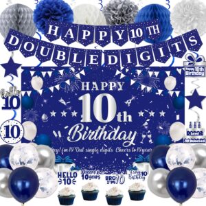 10th birthday decorations for boys girls, blue silver happy 10th double digits party decorations, happy 10th birthday backdrop, banner, balloon, hanging swirl, birthday card, cake topper, pompom 57pcs