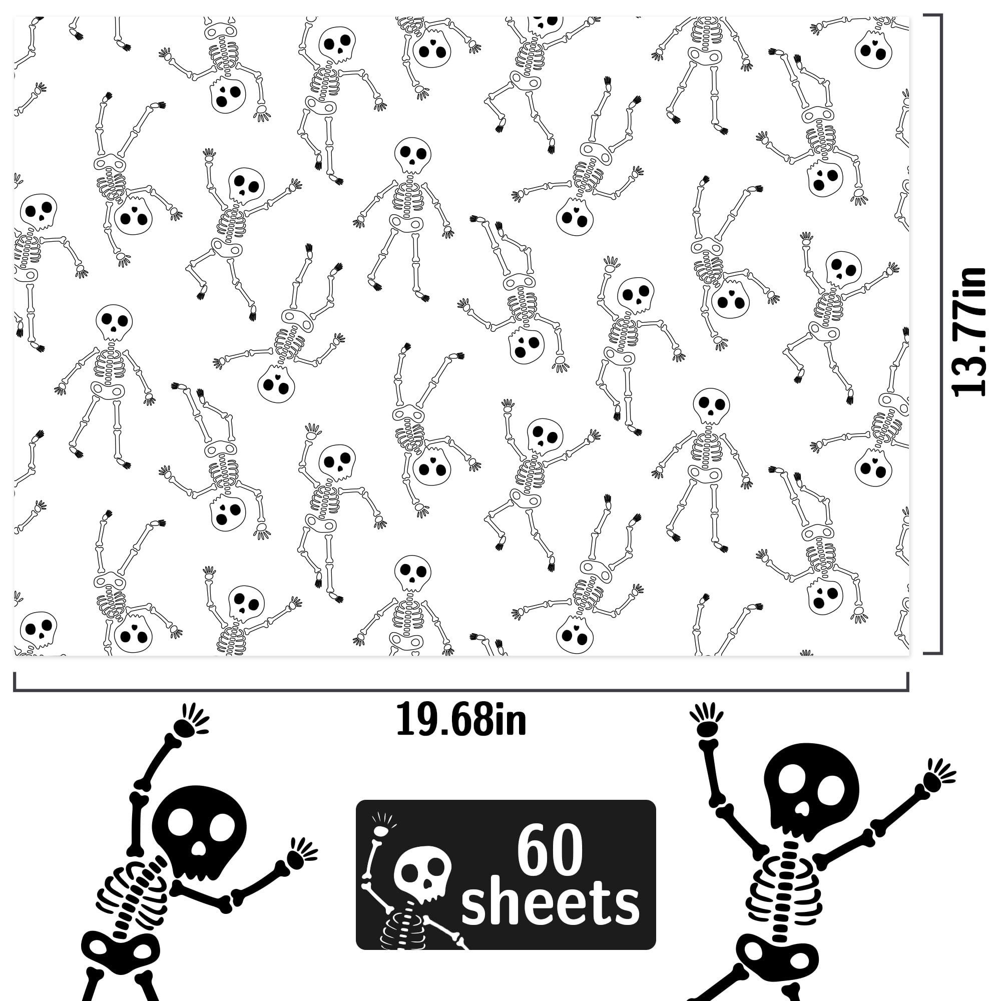 MR FIVE 60 Sheets Skeleton Tissue Paper Bulk,20" x 14",Skeleton Pattern Tissue Paper Halloween Tissue Paper for Gift Bags Skull Tissue Paper for Halloween Party (White with Black)