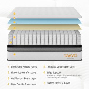 DWVO Queen Size Mattress - 12 Inch Memory Foam Mattress Twin - Hybrid Mattress in a Box with Pocket Spring Coils for Motion Isolation/Edge Support/Quiet Sleep/CertiPUR-US