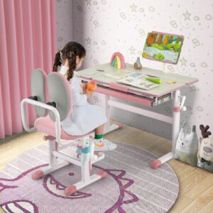 Costzon Kids Desk, Ergonomic Height-Adjustable Children Study Table w/Tiltable Desktop & Book Stand, Pull-Out Storage Drawer & Scale Ruler, Student Workstation for Writing, Drawing, Reading (Pink)